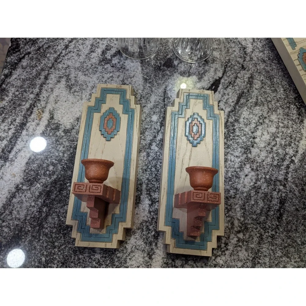 Vintage Home Interior Homco Santa Fe Aztec Candle Holder Wall Sconces Pair 1995